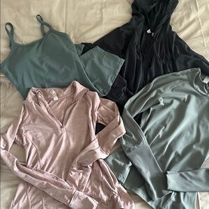 Bundle of workout gear - pullovers, romper & jacket. EUC. size small